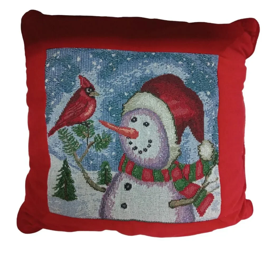 🐦☃️❄️Vintage Snowman Cardinal Christmas Throw Pillow Red Gingham Reversible 15